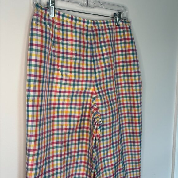TALBOTS 100% Silk Pastel Plaid Cropped Pant Womens 10 Side Zip Flat Front - Picture 2 of 7